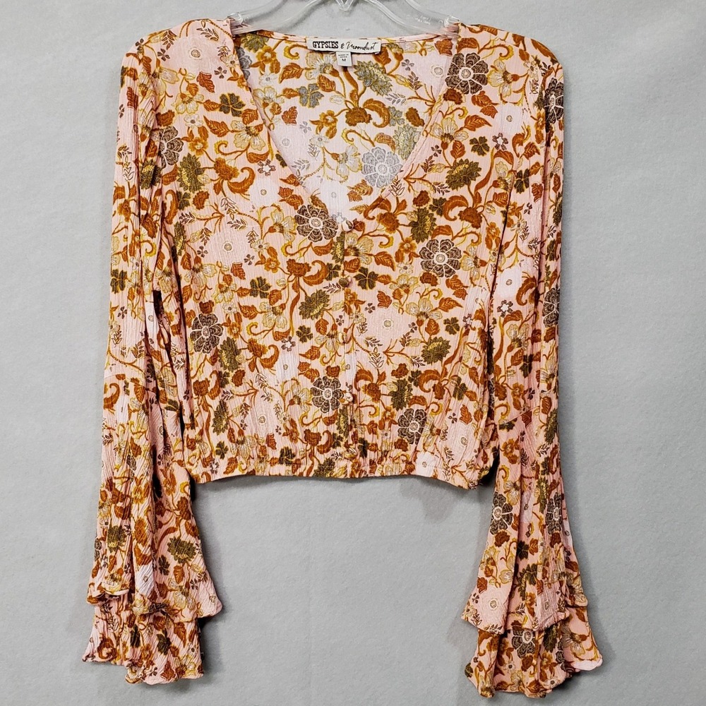 Gypsies & Moondust Pink Floral M‎ Boho Cropped Blouse Bell Sleeve Retro Hippie
